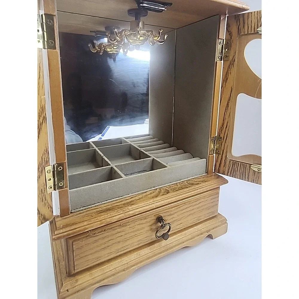 Vintage Wooden Musical Jewelry Box Armoire Heart Drawers Etched Glass